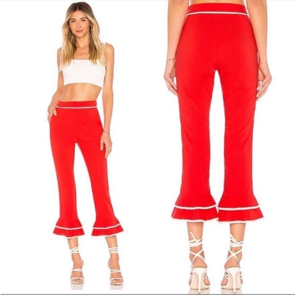 Tularosa Pants - Tularosa Red Cropped Demi Pants with White Piping Ruffled Hems Size XL REVOLVE